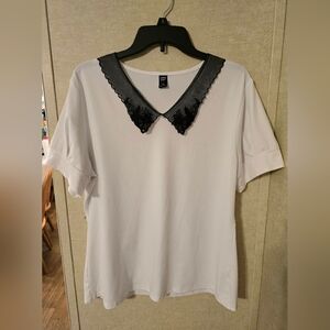 White Blouse with Black Lace Collar